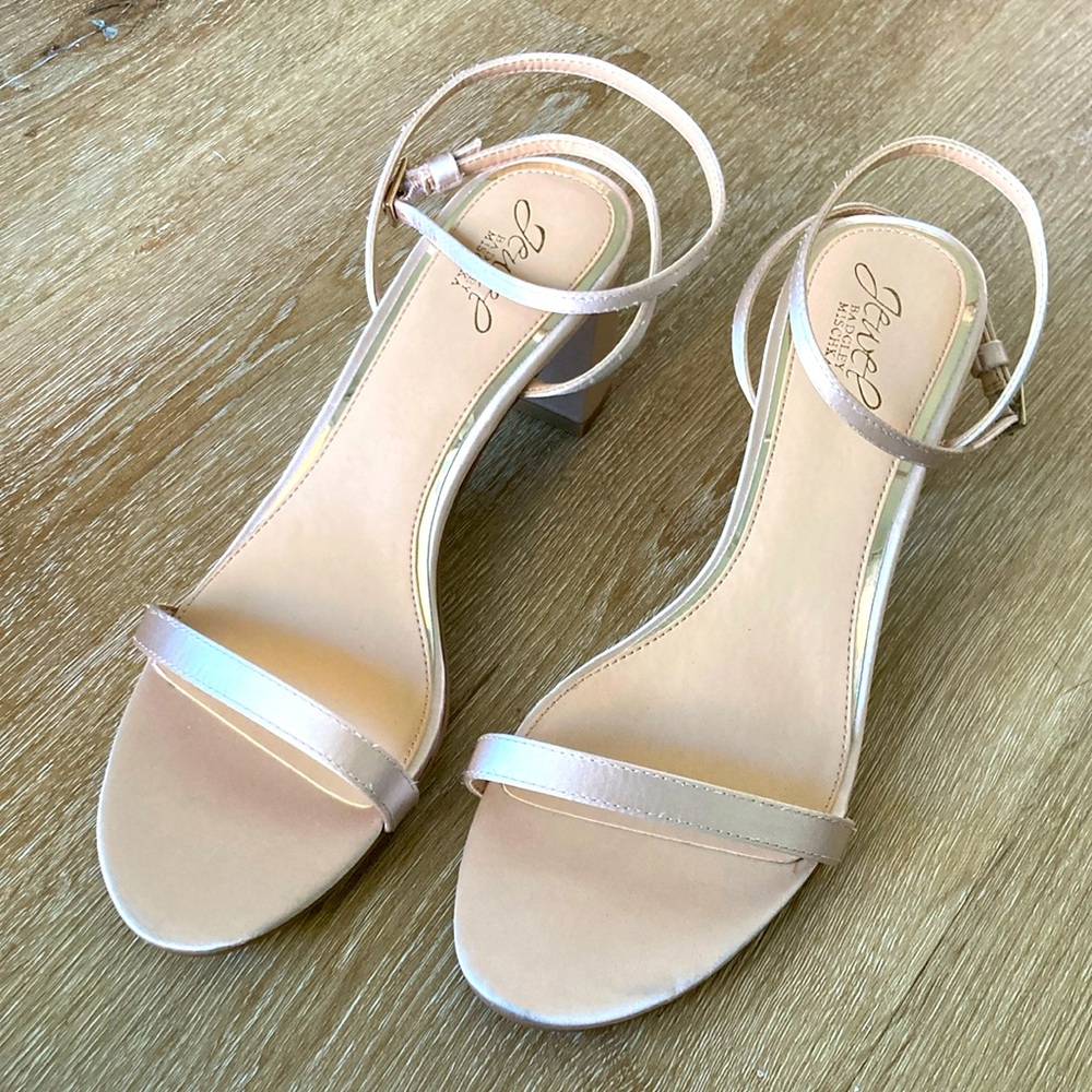 Badgley Mischka Blush Pink Satin Ankle Strap Block Heel Sandals